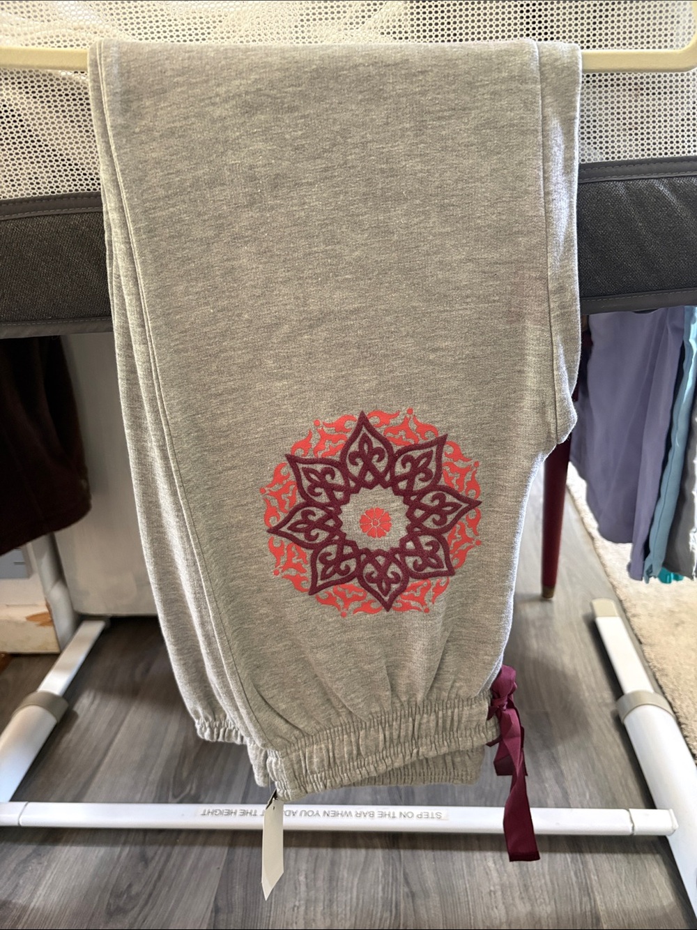 Nina Capri Heather Gray Pants with Coral & Plum Mandala